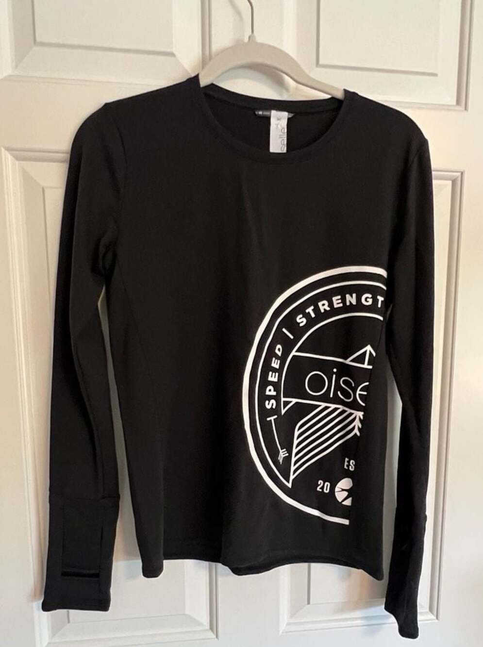Oiselle Flyout Long Sleeve Running Shirt Crest Graphic Black‎ Size 6